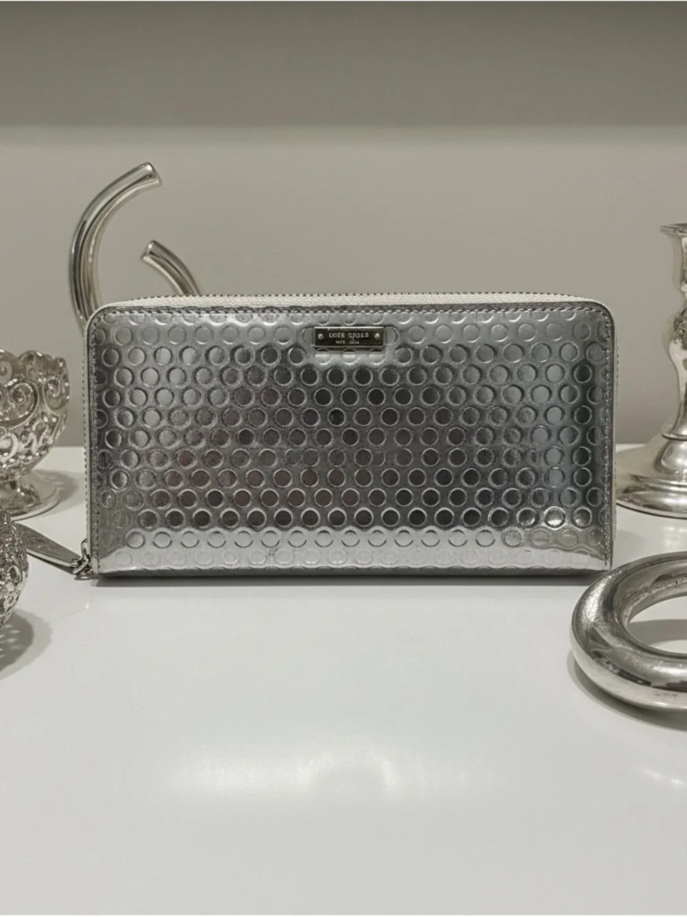 Kate Spade Metallic Silver Zip Wallet in great condition.
